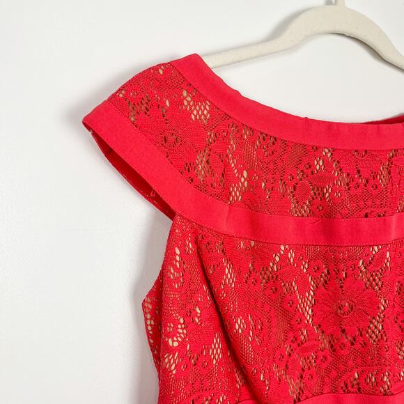 Adrianna Papell Red Coral Lace Sheath Midi Knee Length Cocktail Dress Size US 4 - Picture 2 of 8